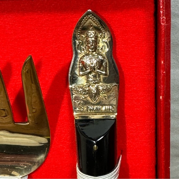 VTG Thailand Salad Serving Spoon Fork Bronze Gold Black 10” Meditating Figures - Picture 9 of 9